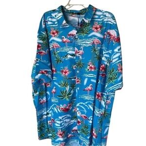 Blue Hawaiian Tropical Flamingo‎ Print Shirt, 3XL